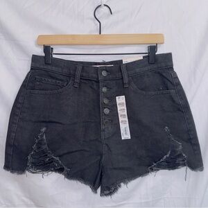 Women's SO NWT Black Wash Denim High Rise Button Front Cut Off Mom Short 11/30